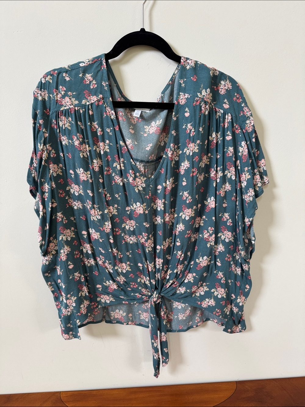 Abound Teal Floral Tie-Front V-Neck Blouse, NWOT
